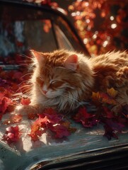 Orange cat sleeping on car covered with autumn leaves  