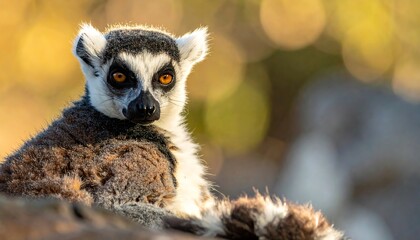 Obraz premium Ring-tailed lemur with amber eyes poses alertly against a bokeh background, showcasing its unique markings and fluffy fur