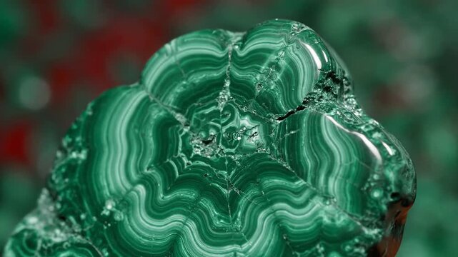 Closeup of a vibrant green malachite mineral with intricate patterns and textures showcasing its natural beauty and geological formation.