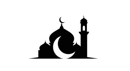 Islamic Mosque Silhouette with Crescent Moon and Minaret.
