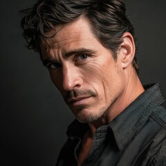 Fototapeta premium Intense Portrait of a Man in Denim Shirt with Dark Background