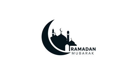 Obraz premium Ramadan Mubarak Islamic Greeting with Mosque and Crescent Moon.