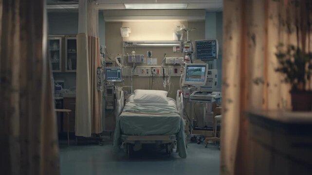 Medium shot of a single preop patient bay with bed and vital monitors sharply focused surrounded by softly blurred curtain partitions and medical equipment.