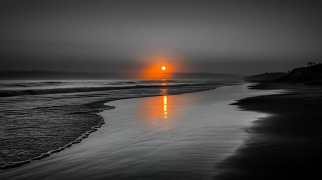 Animated scene capturing ocean waves rhythmically rolling onto a sandy beach in gentle continuous motion, all bathed in the solitary, fiery orange light of a setting sun against the greyscale backdrop