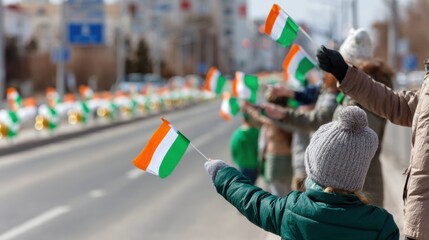 Children and adults waving Irish flags along city street during festive St. Patricks Day parade. Community celebration with green, white and orange colors, holiday spirit and joyful crowd