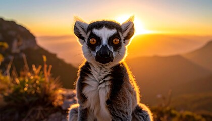 Obraz premium Ring-tailed lemur with striking eyes sits as the sun blazes behind it. Warm light adds to the scene's charm