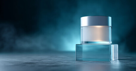 A skincare product in a glass jar on top of two blocks, with blue lighting and smoke around it