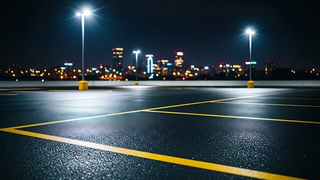 Rooftop parking lot at night, illuminated by streetlights, city skyline in the background