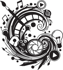 Fototapeta premium Creative arts and media concept featuring a paintbrush film reel musical notes and lightbulb vector illustration for design inspiration