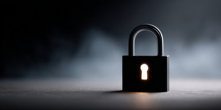 A padlock with a keyhole is lit up in the dark, suggesting security and safety
