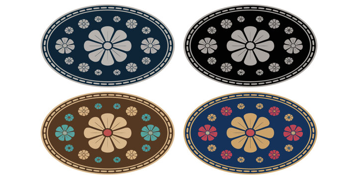 Floral label belt buckle vector design featuring cowgirl style tag, stylized flower silhouette, rhinestones and jewel details, perfect for western rodeo fashion, accessories, branding, and decorative 