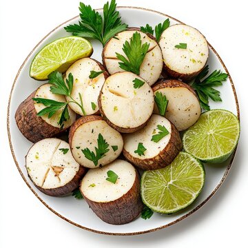 A delicious plate of cooked achira root, garnished with fresh parsley and lime wedges, is presented with simple elegance on a clean, white background.