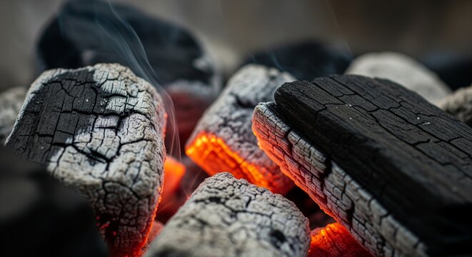 Burning charcoal pieces with smoke and subtle orange glow, highlighting the texture of burnt wood