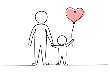 Parent and child holding red heart shaped balloon together