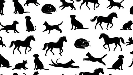 Silhouettes of domestic animals, dogs, cats, and horses, in a repeating pattern