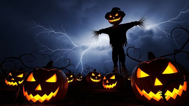 Spooky scene of jack-o'-lanterns and a scarecrow under a stormy night sky with lightning - Powered by Adobe