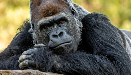 Obraz premium Silverback gorilla rests head on arms. Eyes are alert. Fur is black with silver. Background is blurred greenery