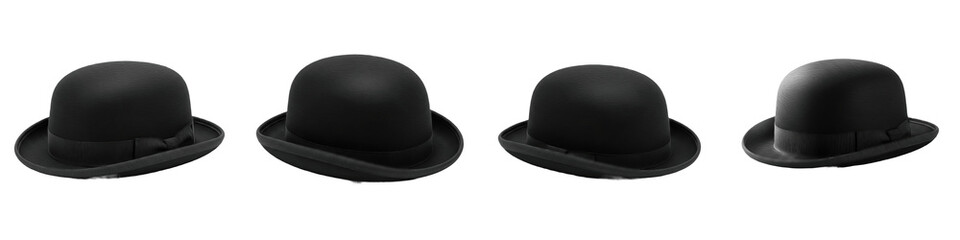 Black Bowler Hat Set Isolated on White PNG Victorian Derby Hat Collection Classic British Gentleman Formal Headwear Costume Accessory Cutout Graphic Elements