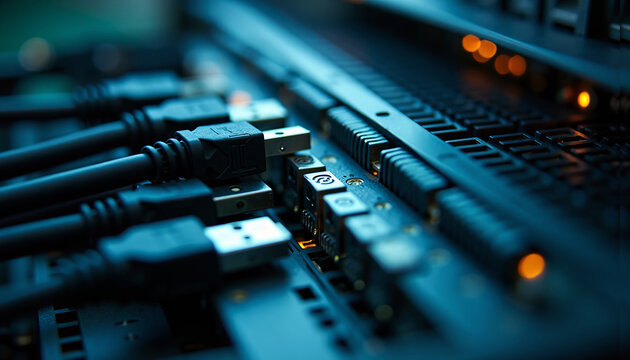 Close-up of black network cables plugged into a high-speed server switch in a data center. - Powered by Adobe