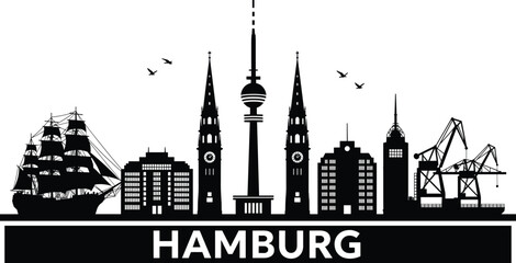 Fototapeta premium Black and white Hamburg city skyline silhouette with harbor, church towers, television tower, ship and cranes vector illustration isolated background