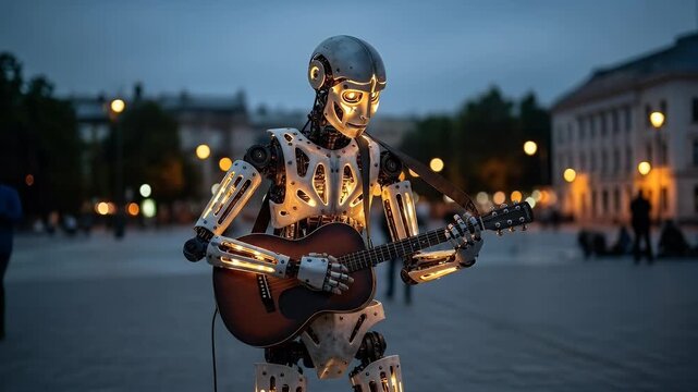 A futuristic robot plays an acoustic guitar in a public square at dusk, illuminated by ambient light.