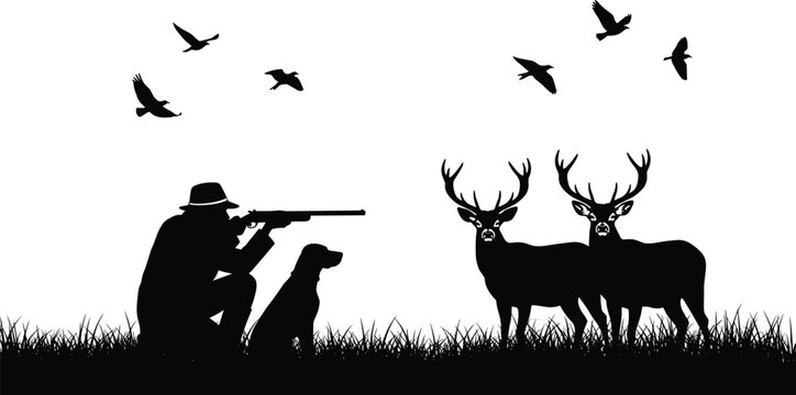Black silhouette illustration of a hunter with rifle and dog hunting deer and stags in the field with birds flying.