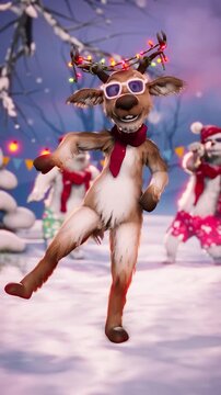 Christmas Party: Funny reindeer and polar bears dance on a winter holiday background. Animated video for greeting cards, festive events, and New Year&rsquo;s parties.