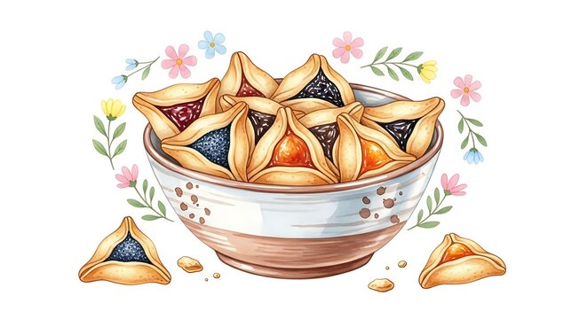 A colorful illustration of a bowl filled with traditional Jewish hamantaschen cookies