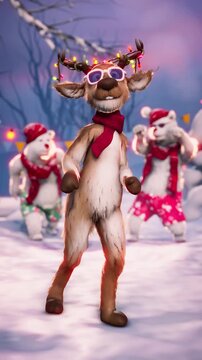 Christmas Party: Funny reindeer and polar bears dance on a winter holiday background. Animated video for greeting cards, festive events, and New Year&rsquo;s parties.