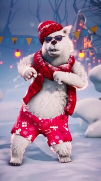 Christmas 3D Animation:  Funny polar bear dance on a festive winter background. Video for greeting cards, festive events, and New Year's parties.