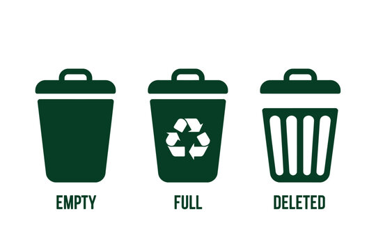 Green trash can icons empty full deleted status symbols for waste management and recycling