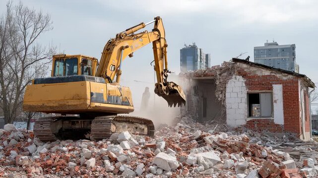 Excavator Demolishing Brick Structure, Construction Debris, Site Clearing, Heavy Machinery, Building Demolition, Urban Renewal