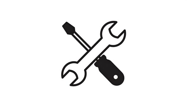 Simple, black, icon-style image of a wrench crossed with a screwdriver on a clean white background