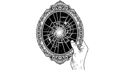 Hand Holding Ornate Broken Mirror Reflecting Stars.