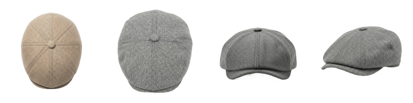 Flat Cap Newsboy Hat Set Isolated on White PNG Men Vintage Tweed Gatsby Beret Ivy Cabbie Hat Collection British Style Peaky Blinders Fashion Headwear Cutout Graphic