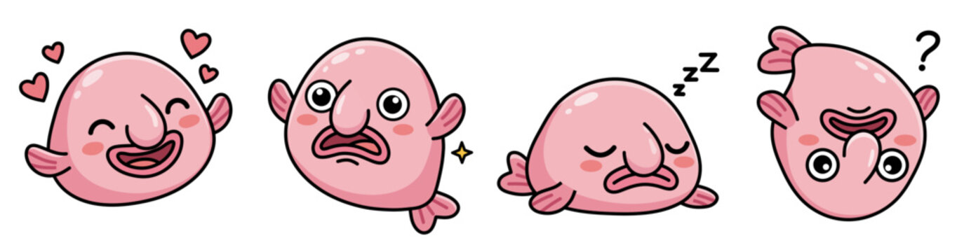 Cute blobfish sticker set. Funny deep sea fish in love, shocked, sleeping and confused. Kawaii ugly-cute vector character.