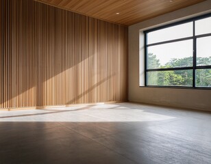 Fototapeta premium bright empty room with wooden slat wall large window and concrete floor