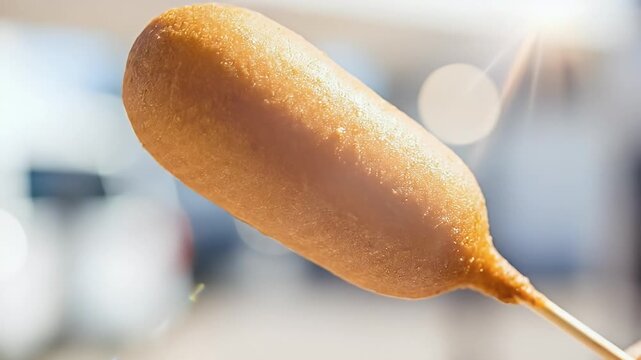 Close-up shot of a golden-brown corn dog on a wooden stick, ready to eat.