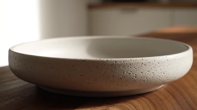 Closeup of an empty ceramic bowl resting on a wooden table in a sunlit kitchen.