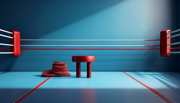 minimalist boxing ring corner with stool towel and bucket on blue floor and red ropes clean background and soft light ai generative ai generative