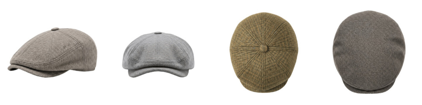 Flat Cap Newsboy Hat Set Isolated on White PNG Men Vintage Tweed Gatsby Beret Ivy Cabbie Hat Collection British Style Peaky Blinders Fashion Headwear Cutout Graphic