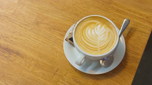 Tranquil morning atmosphere highlighted by elaborately designed coffee drink and gentle ambient light