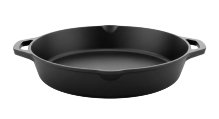Empty black cast iron cooking pan with two handles, cut out, stock png, isolated on transparent background