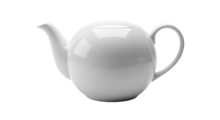 Simple elegant white ceramic teapot with a glossy finish, cut out, stock png, isolated on transparent background
