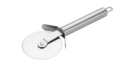 Stainless steel pizza cutter, kitchen utensil for cutting slices, cut out, stock png, isolated on transparent background