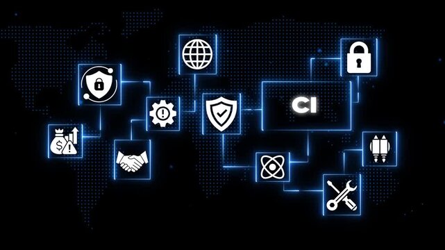 Cyber Security and Symbols on Black Background with Blue Neon Lines and Dots