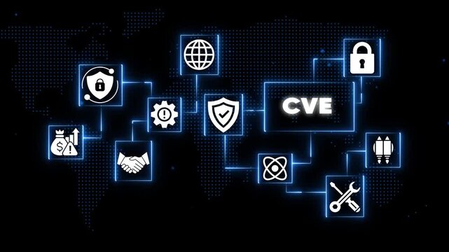 Cybersecurity C V E Common Vulnerabilities and Exposures on a futuristic blue neon background with shields locks and gears