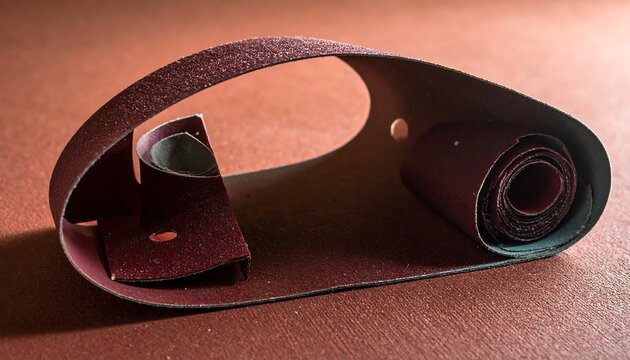 Rolled sandpaper on a rust-colored surface showing inner layers, holes, and varying tones