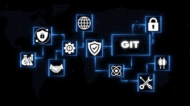 G I T version control system with security shield and tools on black background with blue neon connections