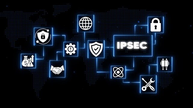 I P S E C Network Security on Black Background with Blue Neon Connections IPSEC cybersecurity internet protocol security